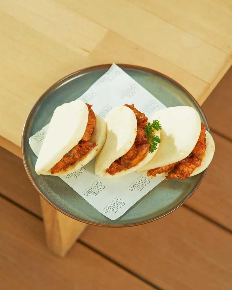 Three bao buns on Cafe Cassia printed paper